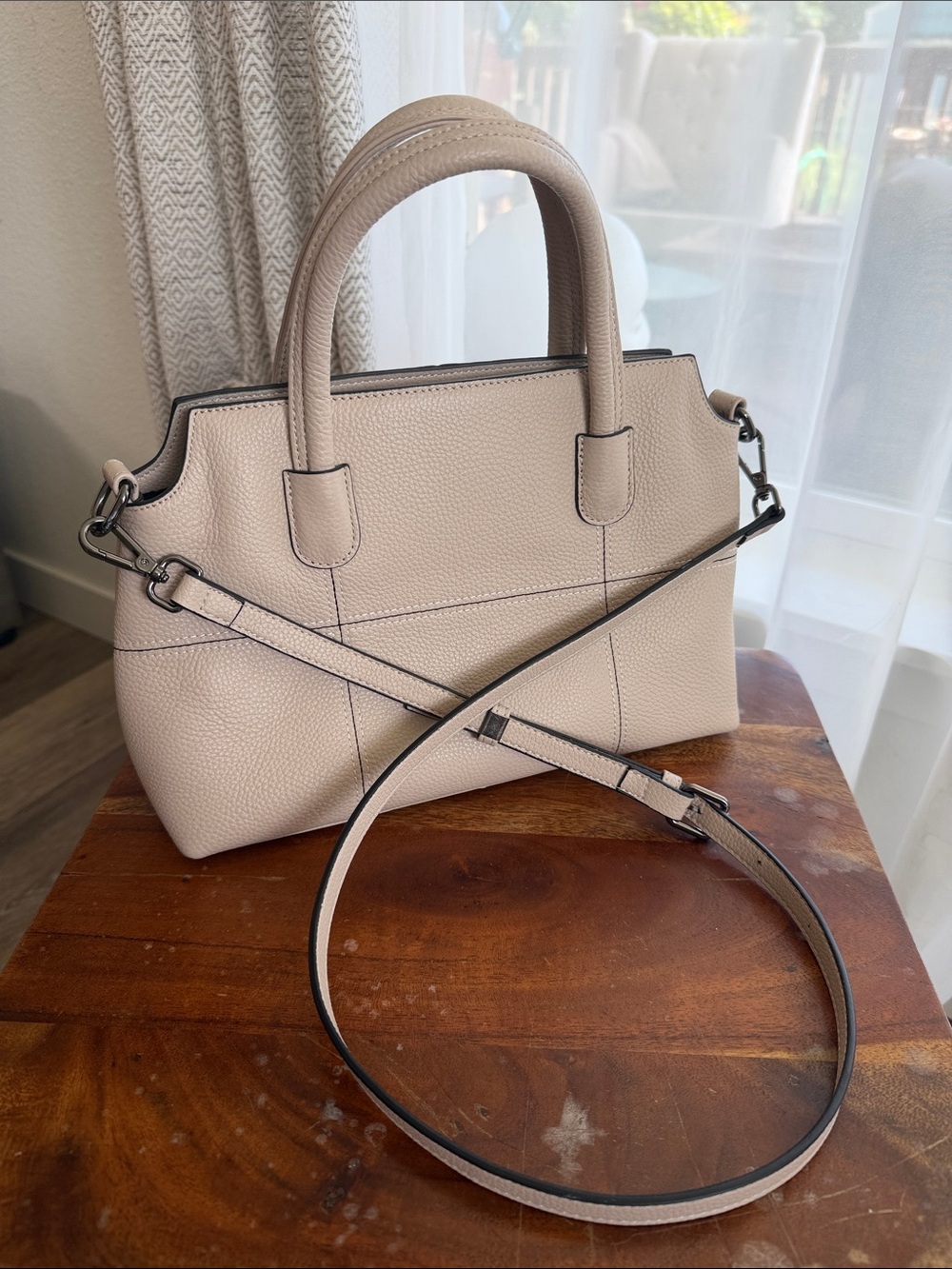 Structured Pebble Leather Satchel in Light Beige with Adjustable Strap